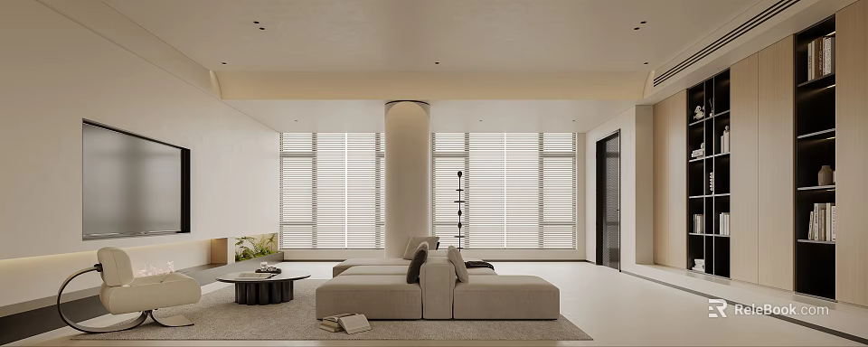 Modern Minimalist Living Room With Light Sofa Round Coffee Table And Large Windows With Blinds 3d model 