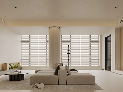 Modern Minimalist Living Room With Light Sofa Round Coffee Table And Large Windows With Blinds 3d model