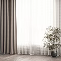 Gray Curtains With White Sheer Panels In Modern Room With Wooden Floor And Potted Plant