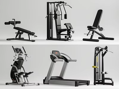 Various Sports Equipment With Treadmill Exercise Bike Rowing Machine And Weight Bench 3d model
