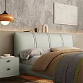 Light Green Leather Double Bed with Nightstands Minimalist Painting and Green Plant on Striped Rug