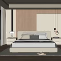 Modern Bedroom Interior With Upholstered Bed Wooden Panel Walls Area Rug And Pendant Lights