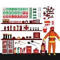 Fire Equipment Display With Fire Signs Hydrants Extinguishers Fire Tools And Firefighter Uniform 3d model