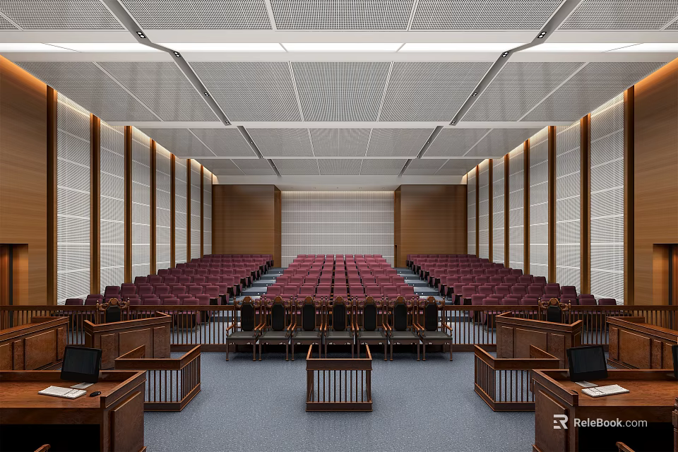 Courtroom Interior Design With Red Seats Wooden Judge Bench And Layout 3d model 
