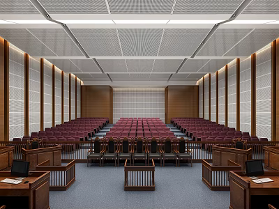 Courtroom Interior Design With Red Seats Wooden Judge Bench And Layout 3d model