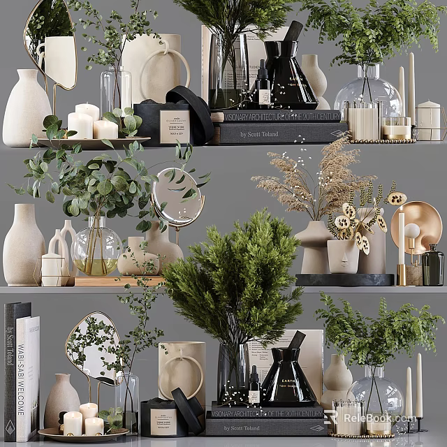 Stylish Decorative Ornament Collection with Green Plants Vases Candles Mirrors and Books 3d model 
