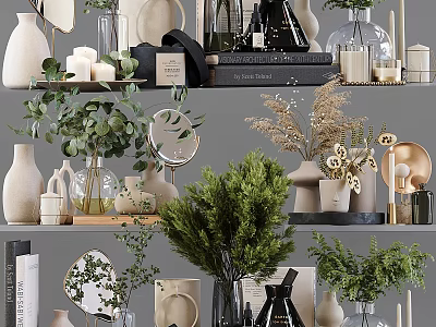 Stylish Decorative Ornament Collection with Green Plants Vases Candles Mirrors and Books 3d model