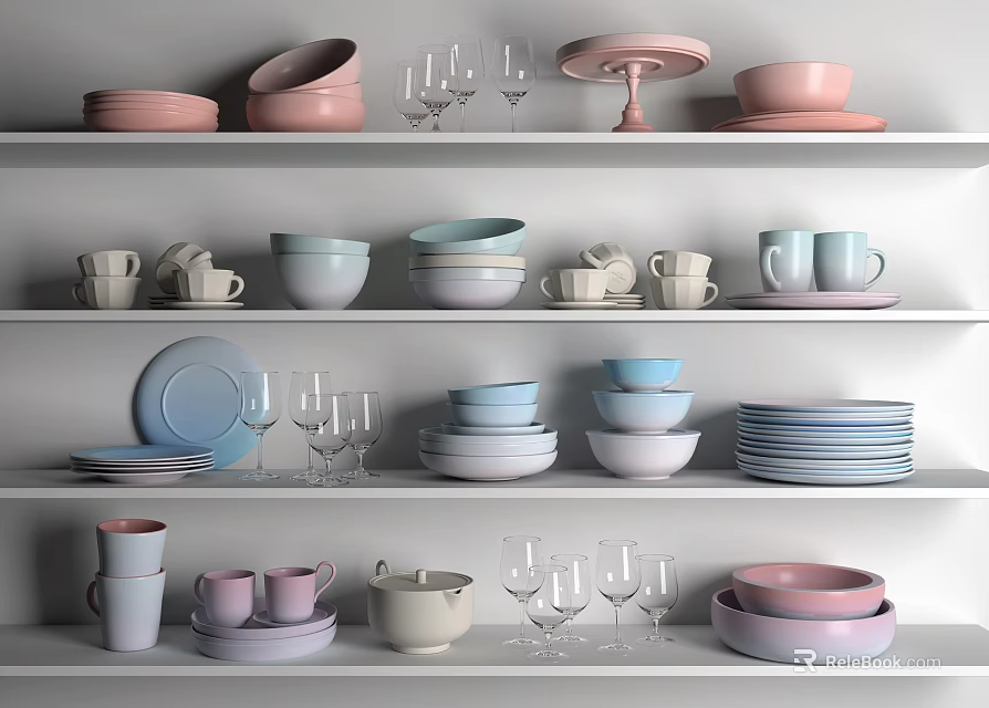 Elegant Pastel Tableware Set With Bowls Cups Plates And Wine Glasses On Shelves 3d model 