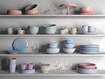 Elegant Pastel Tableware Set With Bowls Cups Plates And Wine Glasses On Shelves 3d model
