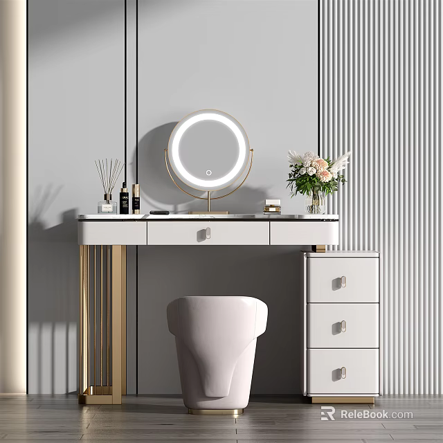 Modern Dressing Table With Round Lighted Mirror Skincare Items And Golden Legs Drawers 3d model 