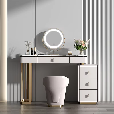 Modern Dressing Table With Round Lighted Mirror Skincare Items And Golden Legs Drawers 3d model
