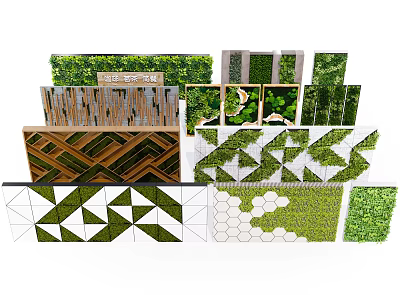 Various Green Plant Wall Designs With Geometric Patterns And Wooden Structures 3d model