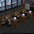 Modern Wooden Office Desks With Multiple Workstations Laptops And City View Through Large Windows