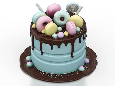 Light Blue Cake With Chocolate Drizzle Decorated With Donuts Macarons Lollipops And Candies 3d model