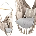 Bohemian Style Hanging Chair With Linen Fabric Soft Pillows Tassel Details And Wooden Hanging Rod