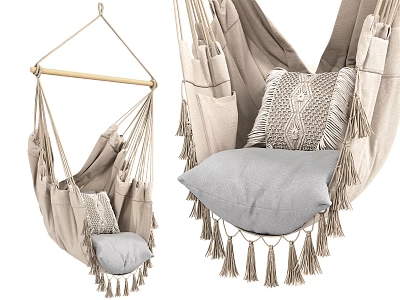Bohemian Style Hanging Chair With Linen Fabric Soft Pillows Tassel Details And Wooden Hanging Rod 3d model