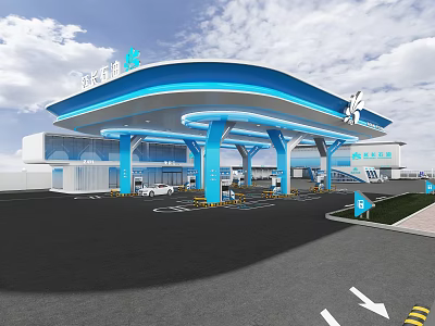 Modern Gas Station Exterior With Blue Canopy Fuel Pumps And Directional Signs 3d model