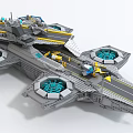 Gray and Yellow Building Blocks Flying Aircraft Carrier Model with Blue Thrusters and Runway Deck