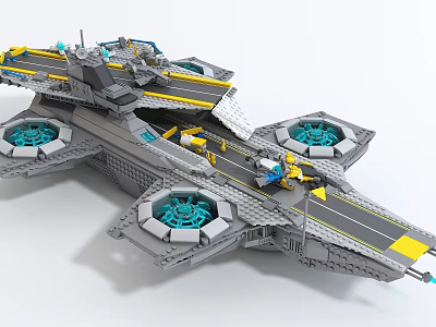 Gray and Yellow Building Blocks Flying Aircraft Carrier Model with Blue Thrusters and Runway Deck 3d model