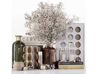 Elegant Ornamental Decor Set With Baby's Breath Vase Books And Decorative Box 3d model