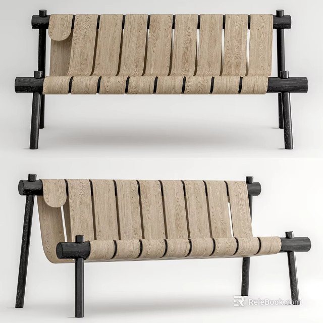 Modern Outdoor Chair Design With Wooden Slat Seat And Black Metal Frame 3d model 