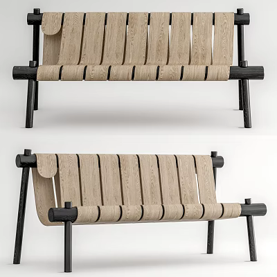Modern Outdoor Chair Design With Wooden Slat Seat And Black Metal Frame 3d model
