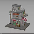 Miniature Two Story Asian Style Building With Balcony Striped Awning And Green Door