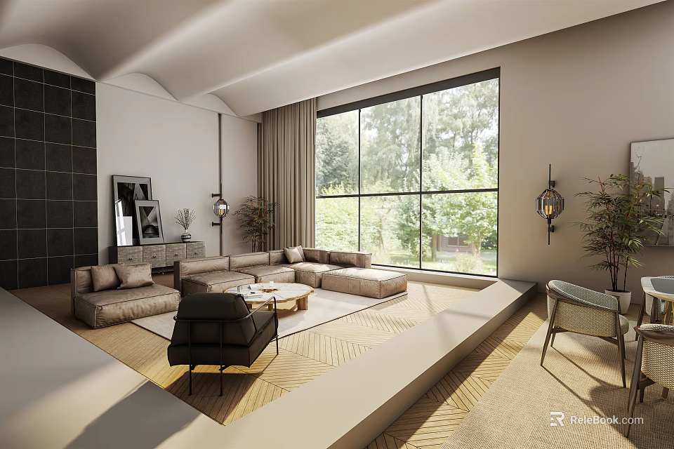 Modern Living Room Interior With Large Windows Trees Sofa And Decorative Rug 3d model 