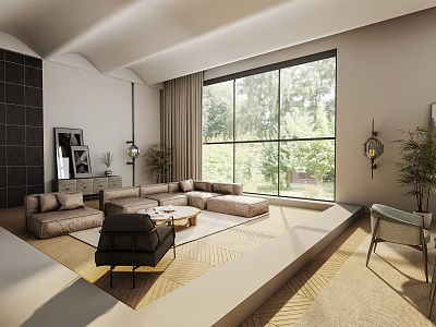 Modern Living Room Interior With Large Windows Trees Sofa And Decorative Rug 3d model