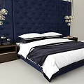 Elegant Double Bed With Navy Tufted Headboard Pendant Lights Nightstands And Bed Linens
