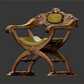 Vintage Wooden Leisure Chair With Carved Details And Yellow Padded Seat Backrest