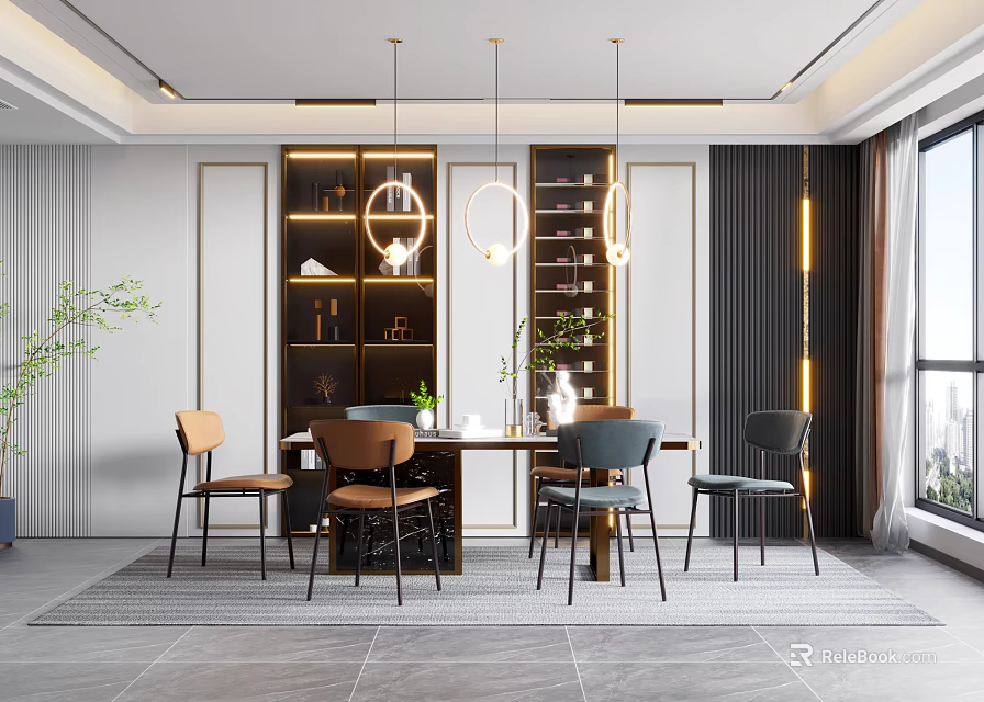 Elegant Modern Restaurant Interior With Dining Table Chairs Pendant Lights Green Plants And Window View 3d model 