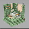 Cozy Green Bathroom Interior With Bathtub Shelves And Potted Plants