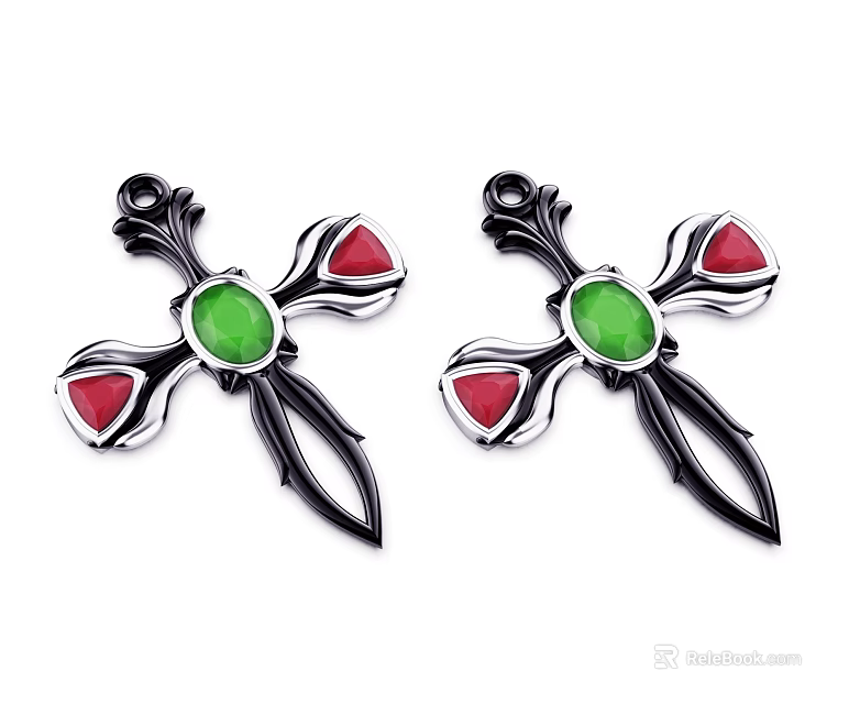 Elegant Cross Pendants With Green Center Gemstone And Red Accent Stones 3d model 