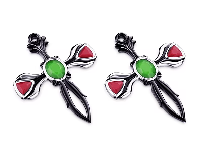 Elegant Cross Pendants With Green Center Gemstone And Red Accent Stones 3d model