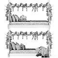 Kids Bed With Wooden Frame Green Vines Decor Adventure Theme Dinosaur Pillow Green Gray Bedding