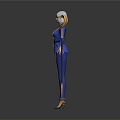 Woman in Blue Suit with Gold Details and Silver Hair Standing by Ornate Staff