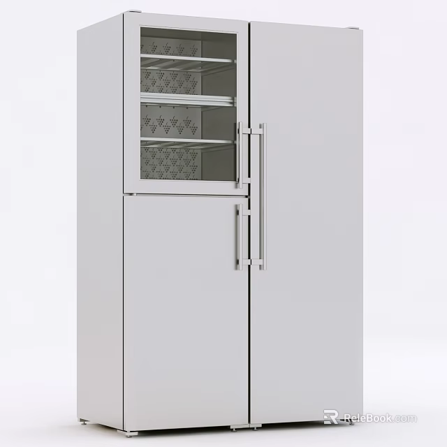 White Refrigerator Freezer With Glass Door Shelves And Silver Long Handles 3d model 