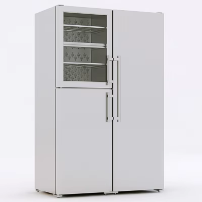White Refrigerator Freezer With Glass Door Shelves And Silver Long Handles 3d model