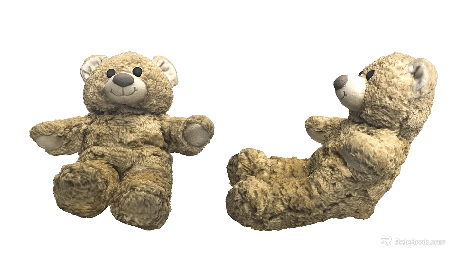 Brown Plush Stuffed Bear Toy in Sitting Position with Soft Furry Texture Front and Side Views 3d model 