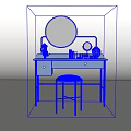 Modern Blue Dressing Table With Round Mirror Stool And Decorative Drawers