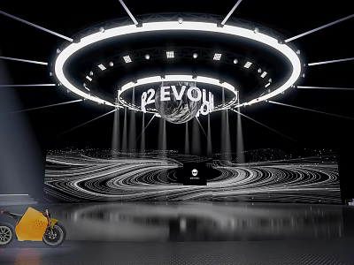 Modern Stage Setup With PEVON Sign Circular Light Installation Wavy Background And Yellow Motorcycle 3d model