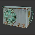 Old Outdoor Air Conditioner Unit Featuring Rusty Body And Fan Grill