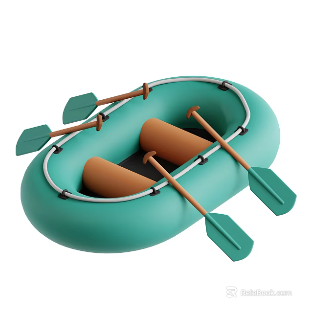 Green Inflatable Boat Design With Wooden Handle Paddles And Brown Seats 3d model 