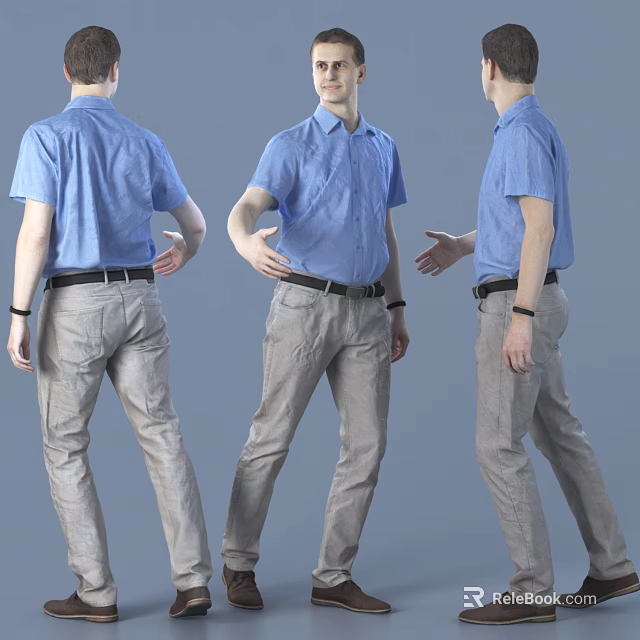 Man Posing In Blue Shirt And Gray Pants From Three Angles 3d model 