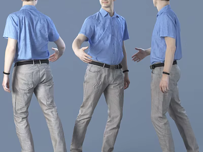 Man Posing In Blue Shirt And Gray Pants From Three Angles 3d model