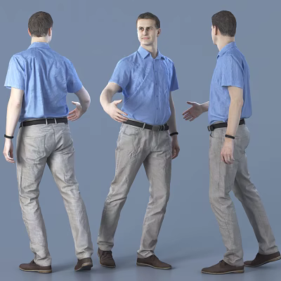 Man Posing In Blue Shirt And Gray Pants From Three Angles 3d model