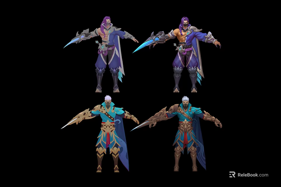 Four Fantasy Character Designs With Purple Blue Gold Costumes Weapons And Armor Details 3d model 