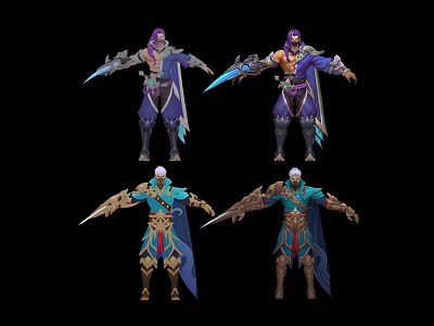 Four Fantasy Character Designs With Purple Blue Gold Costumes Weapons And Armor Details 3d model