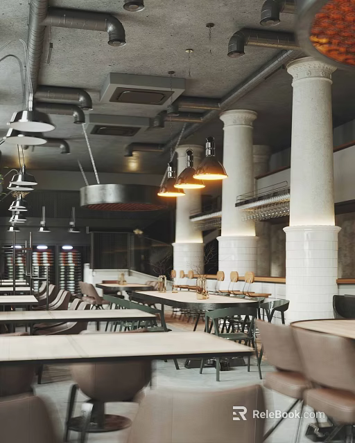 Industrial Café Interior Design With Pendant Lights Wooden Tables And White Columns 3d model 